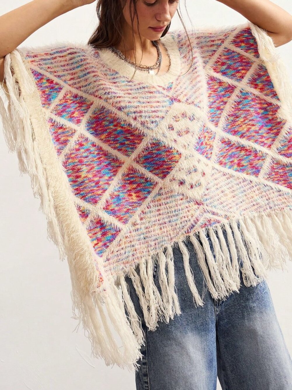 Multicolor Casual Women's Plaid Graphic Cold-Shoulder Oversized Pullover